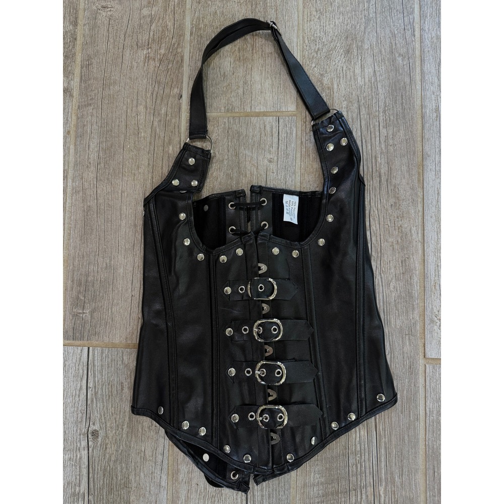 Faux Leather Corset Top Womens S Black Excellent Studded Buckle Halter